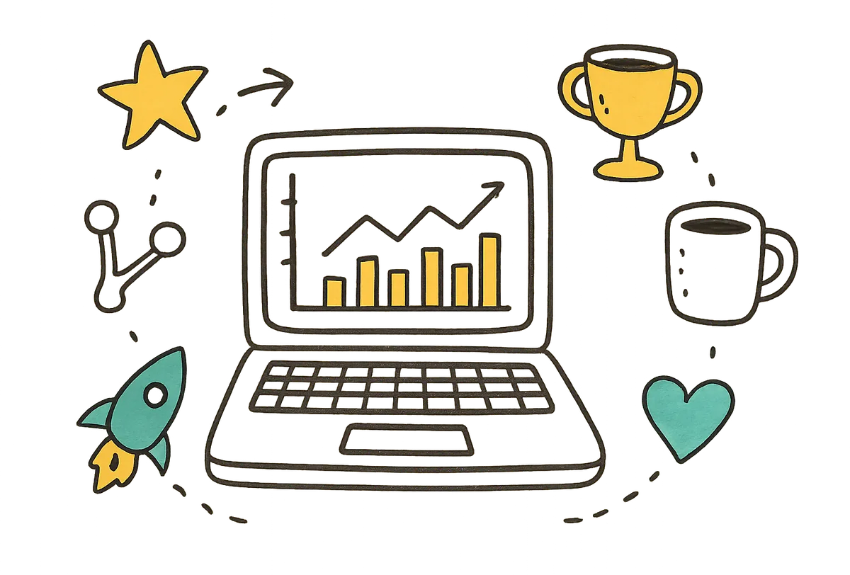 Doodle of a laptop with charts, a rocket, a trophy and a coffee mug